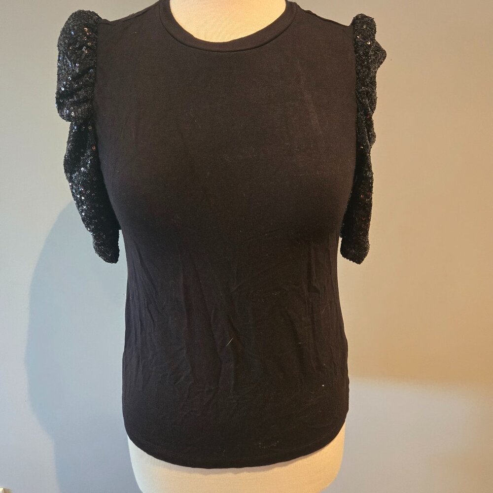 Rachel Zoe Women’s Sequin Puff Sleeve Top | Size Small | Black